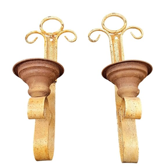 Vintage Rustic Metal Wall Candle Holders Distressed Yellow & Brown Scrolled - Picture 1 of 4